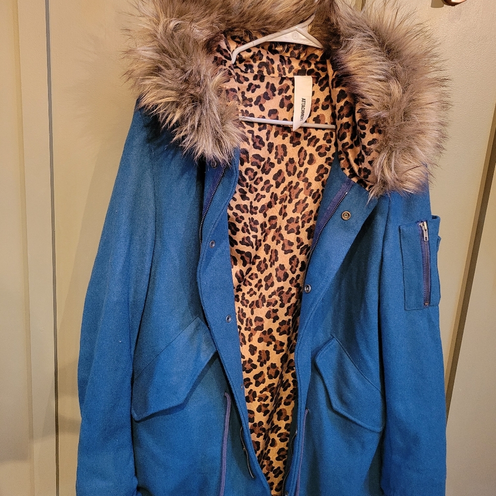 ATTACHMENT Blue Parka Jacket with Leopard Lining & Faux Fur Hood